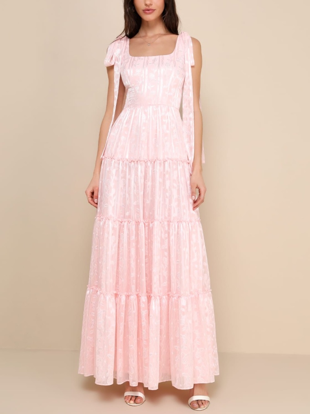 NWT Lulus Picturesque Allure Blush Pink Jacquard Tie-Strap Maxi Dress